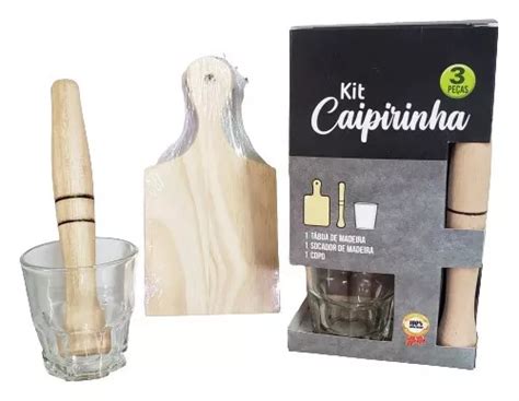 Kit Caipirinha Conjunto 3 Peças Tabua Copo Vidro Socador Parcelamento