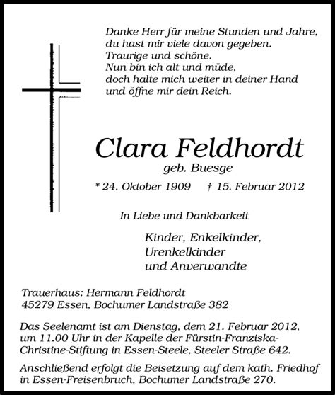 Traueranzeigen Von Clara Feldhordt Trauer In NRW De