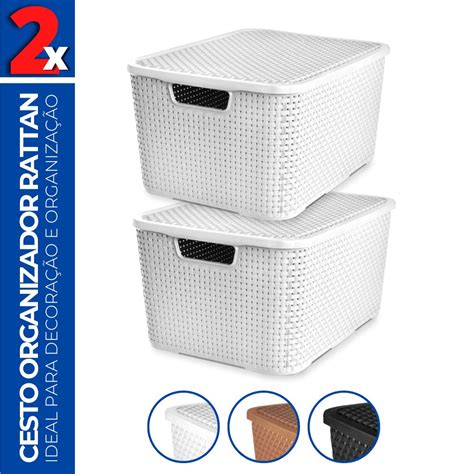 Kit 2 Caixas Cesto Rattan Organizadora C Tampa Multiuso 20L