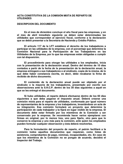 Acta Constitutiva De La Comision Mixta De Reparto De Utilidades Gobierno Política