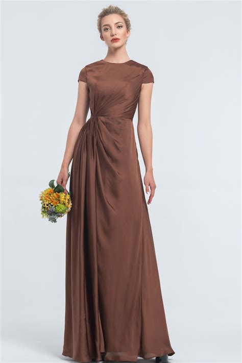 Modest Lds Cinnamon Satin Bridesmaid Dresses Cap Sleeves Elegant