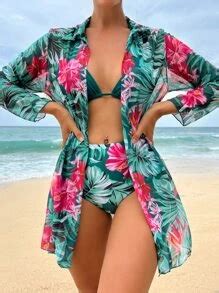 Swim Lushoire Summer Beach Tropical Print Bikini Set Triangle Bra High Waisted Bottom Cover