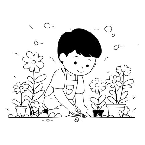 Un niño lindo plantando flores en el jardín Vector Premium