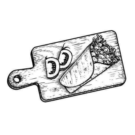 Hand Drawn Sketch Style Burrito On The Cutting Wooden Board With