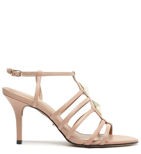 Sandália Nude Couro Salto Fino Tiras Arezzo