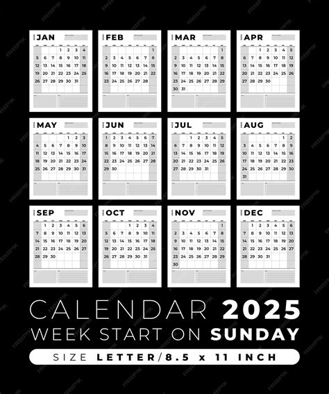 Calendario 2025 plantilla en blanco limpia y tamaño de diseño mínimo