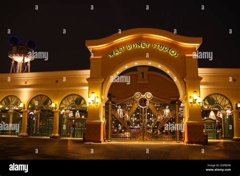 Entrance to Walt Disney Studios at night at Disneyland Paris, France ...