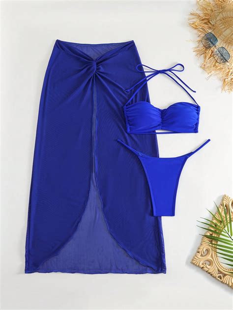 Women S Halter Neck Tie Bikini Swimsuit Three Piece Set Shein Usa