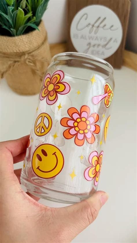 Retro Flowers Beer Can Glass Groovy Smile Cup Happy Retro Etsy [video