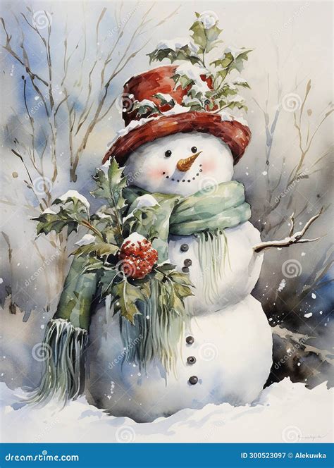 Vintage Drawing of a Snowman in the Snow, Greeting Card for Winter Holidays Stock Illustration ...