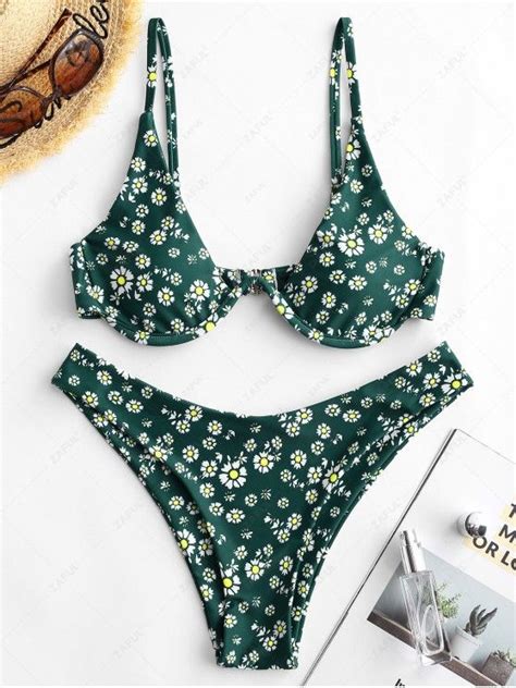 40 OFF POPULAR 2020 ZAFUL Daisy Print Underwire High Leg Bikini Swimsuit In MEDIUM SEA