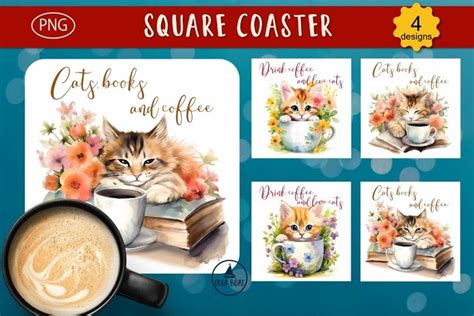 Coffee And Cats Square Coaster Sublimation Designs