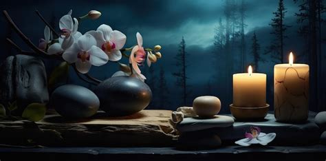 Premium Photo Burning Candles Stones And Towel On Massage Table In Spa Salon Ai Generated Image