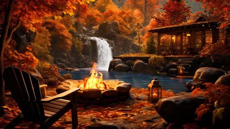 Soothing Sounds Of Autumn Lake Ambience Crackling Fire Waterfall And