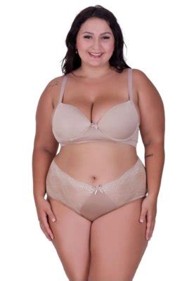 Conjunto de Lingerie Plus Size Sutiã e Calcinha Cintura Alta de Renda Bege Compre Agora