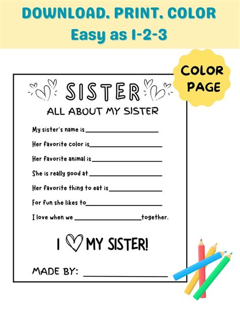 All About My Sister Printable Sister Printable Sister Activity