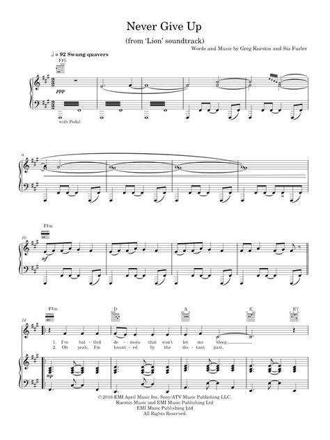 Play Official Version Of Never Give Up Sheet Music By Sia For Piano Vocals