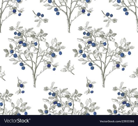 Elegant Seamless Pattern With Monochrome Hand Drawn Blueberry Bushes