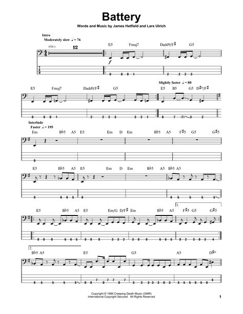 Battery By Metallica Sheet Music For Bass Guitar Tab At Sheet Music Direct