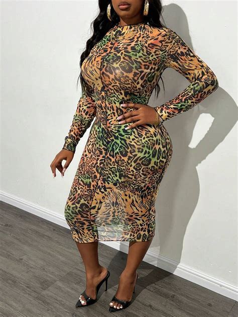 SHEIN Slayr Plus Size Elegant Sexy Sheer Mesh Leopard Print Bodycon