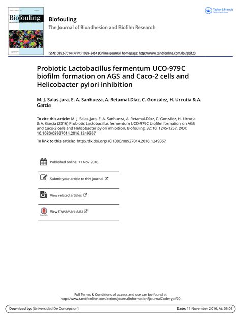 Pdf Probiotic Lactobacillus Fermentum Uco C Biofilm Formation On