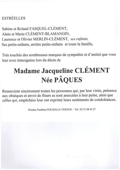 Avis de décès REMERCIEMENT Jacqueline CLÉMENT née PÂQUES