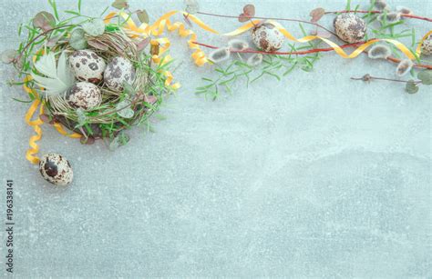 Easter Background With Easter Eggs Pussy Willow And Spring Flowers Top View With Copy Space