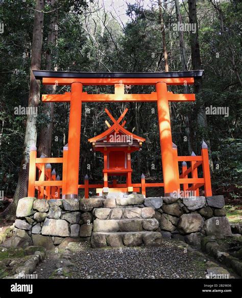 Japanese Shinto Shrine With Red Torii Gate In The Forest Stock Photo