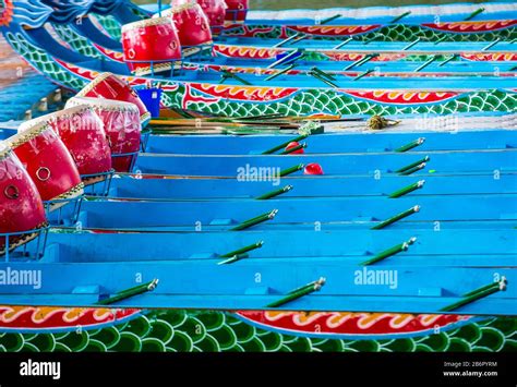 Row Of Dragonboats In A River In Taipei During The 2019 Taipei Dragon