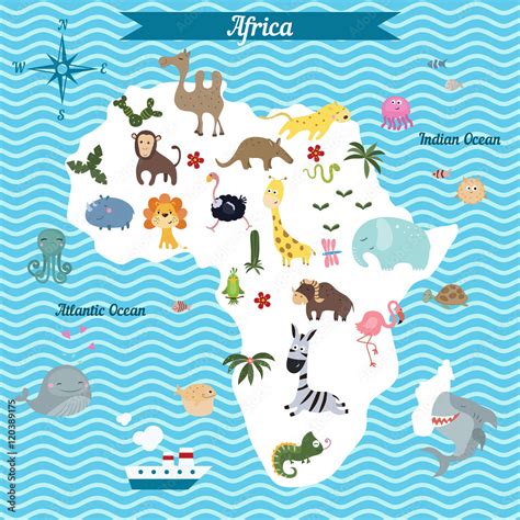 Cartoon map of Africa continent with different animals. Stock Vector ...