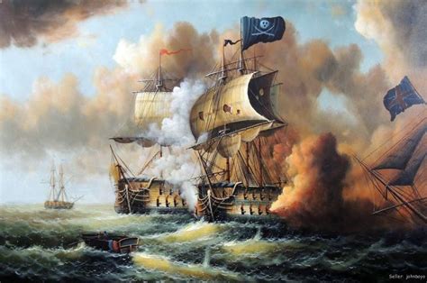 Pirate Ship Cannon Battle Caribbean Sea Stretched 24x36 Naval Oil Pai