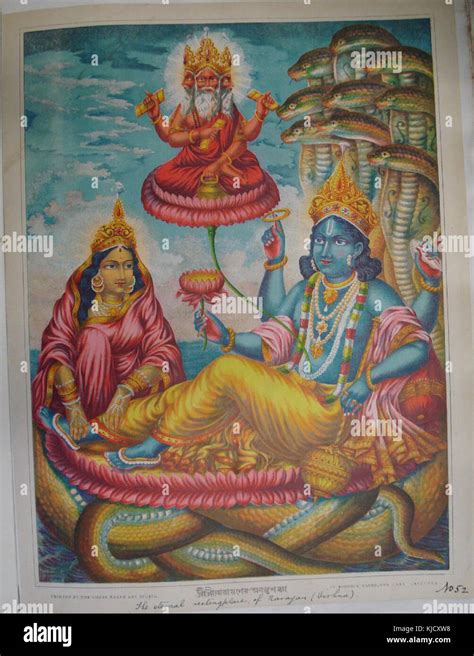 Vishnu rests on the serpent Ananta while Brahma appears within a lotus flower emanating from ...