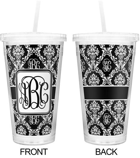 Custom Monogrammed Damask Double Wall Tumbler With Straw Personalized