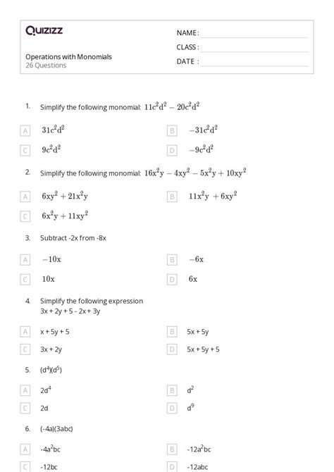 50 Monomials Operations Worksheets For 9th Class On Quizizz Free And Printable