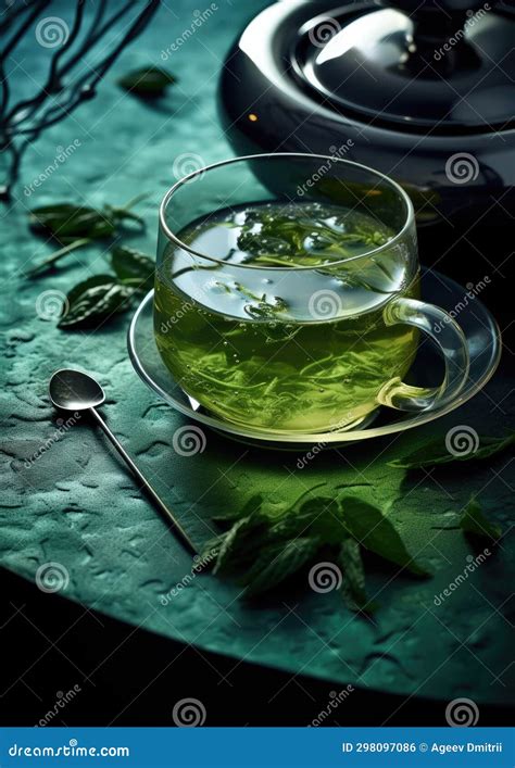 Hot Healthy Glass Cup Herb Beverage Leaves Tea Herbal Wooden Drink Green Stock Photo Image Of