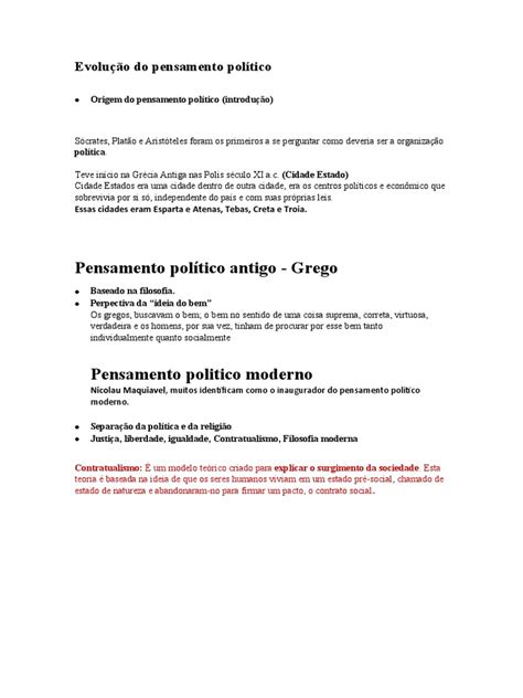 Evolução Do Pensamento Político Pdf Estado Contrato Social