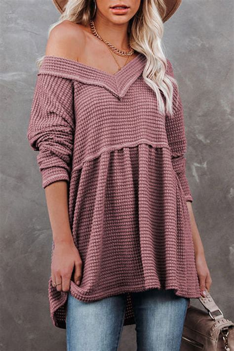 Pink Waffle Knit V Neck Long Sleeve Peplum Top Shewin Wholesale