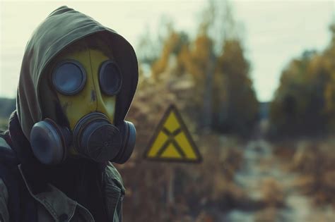 Person Wearing Gas Mask In A Hazardous Area Individual In A Gas Mask