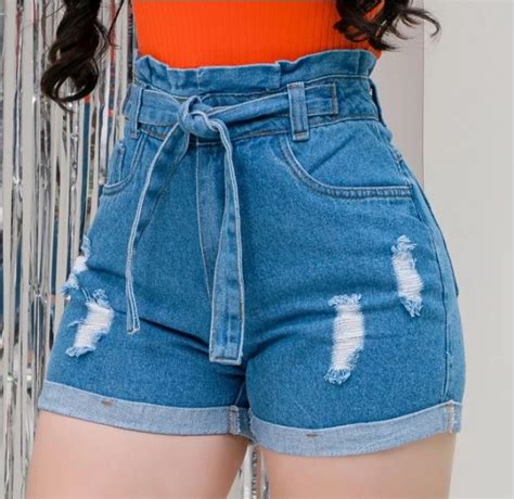 Short Jeans Bermuda Feminino Luxo Cintura Alta Destroyed Hot Pants Modela Bumbum Blogueira Barra