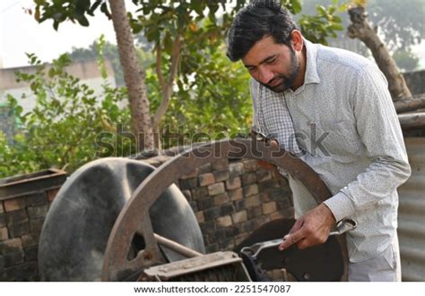 Portrait Indian Farmer Doing Harvesting Using Stock Photo 2251547087 ...