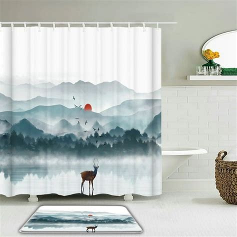 Chinese Style Ink Landscape Printed Shower Curtain Set Rug Waterproof