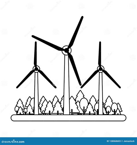 Wind Turbines On Nature Black And White Stock Vector Illustration Of Nature Industry 138068603