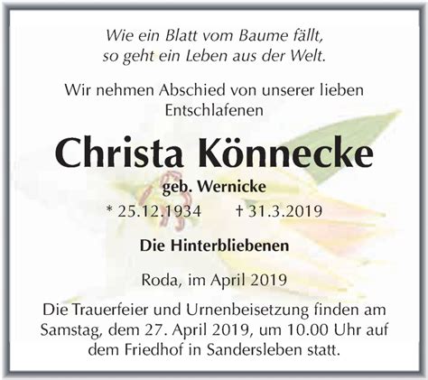 Traueranzeigen von Christa Könnecke abschied nehmen de