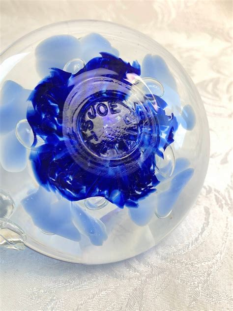 Vintage Joe St Clair Art Glass Blue Floral Paperweight Candle Holder