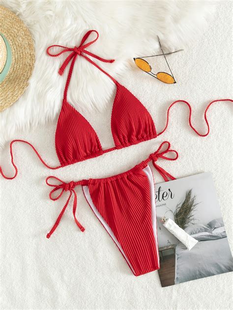 Rib Tie Back Halter Triangle Bikini Swimsuit SHEIN UK