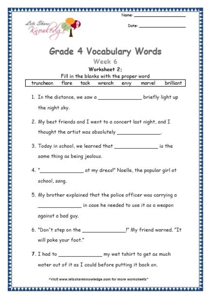 Grade 4 Vocabulary Worksheets Week 6 Lets Share Knowledge