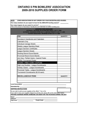 Fillable Online 09 10 Supplies Order Form Ontario 5 Pin Bowlers