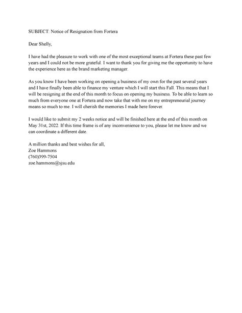 Letter of Resignation BUS Writing - SUBJECT: Notice of Resignation from