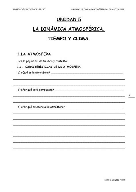 Pdf Unidad 5 La DinÁmica AtmosfÉrica Tiempo Y Clima · AdaptaciÓn Actividades 1º Eso Unidad 5