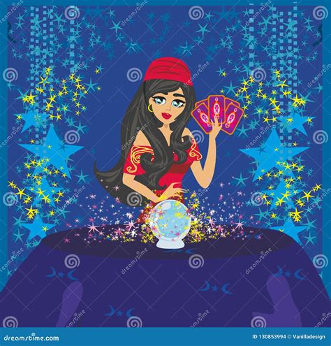 Fortune Teller Woman Reading Future On Magical Crystal Ball Stock